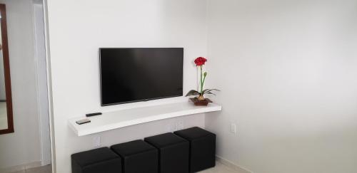einen TV an einer Wand mit einer Blume auf einem Regal in der Unterkunft Apartamento Cabo Frio in Cabo Frio
