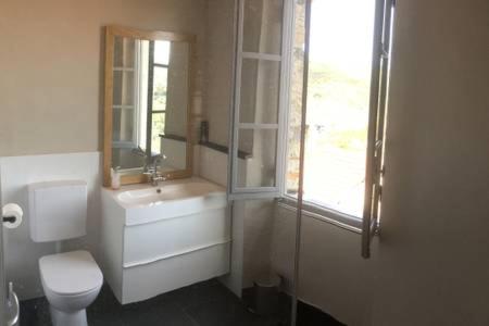 Un baño con inodoro, lavabo y ventana. en Lovely renovated apartment near Dolcedo, en Dolcedo