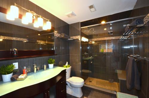 a bathroom with a shower and a toilet and a sink at The SoMa Furnished Residences in Hamilton