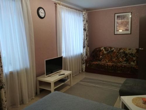 a living room with a couch and a television on a table at Апартаменты на пр Александра Невского, 43 in Petrozavodsk