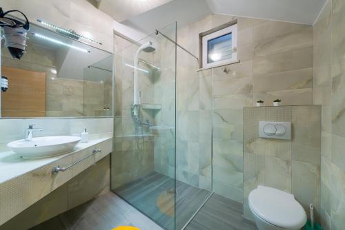 a bathroom with a shower and a toilet and a sink at Superb Beachfront Luxury Seaview with Private Beach in Hvar