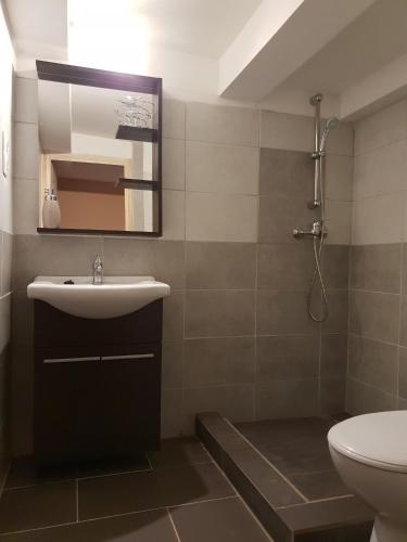 a bathroom with a sink and a toilet at Holdfény apartman in Siófok