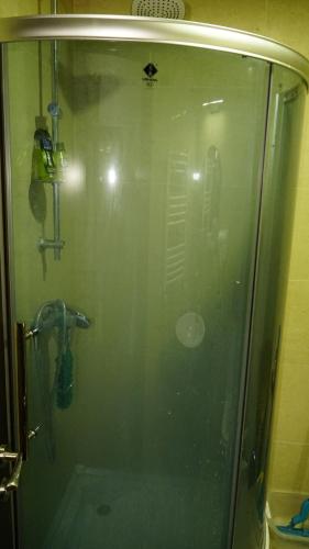a shower with a glass door in a bathroom at Hostel near ski lift in Gudauri