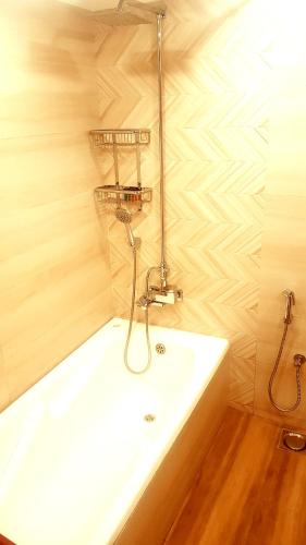 a bathroom with a bath tub with a shower at Hayyat Luxury Hotel Apartments in Lahore