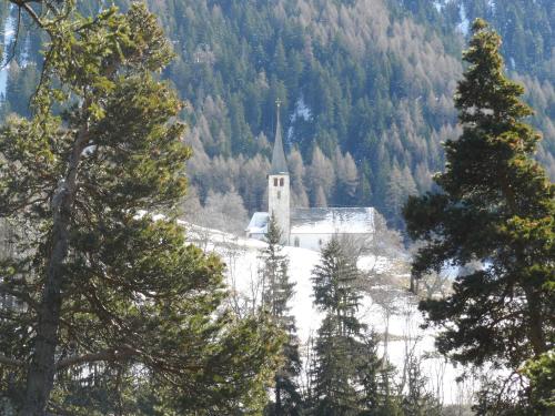 a building in the middle of a mountain with trees at Viosia-Ost in Fiesch