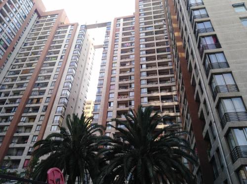 eine Gruppe von hohen Gebäuden mit Palmen davor in der Unterkunft Apartamento Full Equipado Santiago Centro in Santiago
