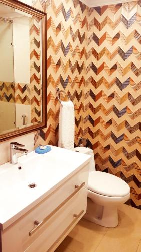 a bathroom with a sink and a toilet and a mirror at Hayyat Luxury Hotel Apartments in Lahore