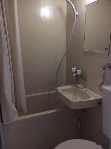 a bathroom with a sink and a toilet and a shower at Asano Hotel in Sapporo