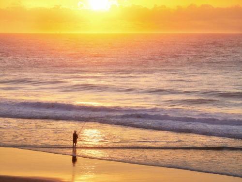 a person fishing on the beach at sunset at The Lookout at Iluka Resort Apartments in Palm Beach