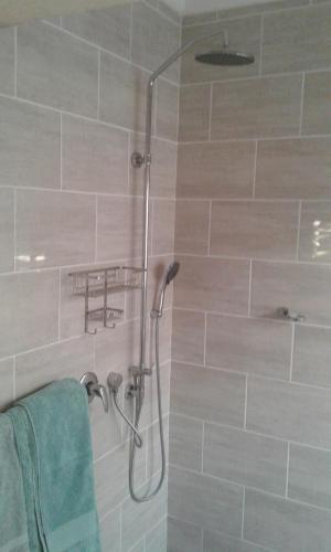 a shower with a shower head in a bathroom at Pebbles and Shells in Chintsa