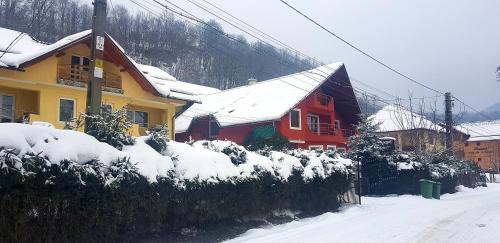 a group of houses are covered in snow at Pensiunea Marinela in Sighetu Marmaţiei