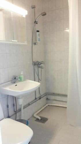 a bathroom with a sink and a shower at Nasta Apartment in Nastola