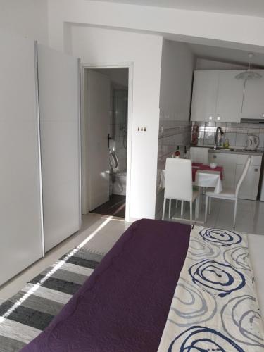 een woonkamer met een paars tapijt op de vloer bij Apartmani Dubravka in Bibinje