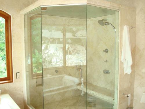 a shower with a glass door in a bathroom at Casa Las Palmas Hotel Boutique in San Andrés