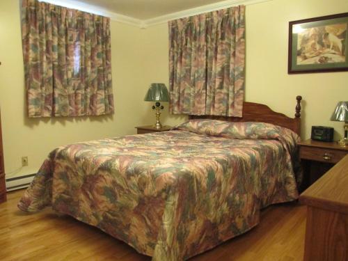 a bedroom with a bed and curtains and a lamp at Comerford's Ocean View Suites in Holyrood