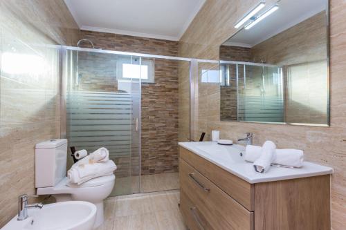 ein Bad mit einem Waschbecken, einem WC und einer Dusche in der Unterkunft Edifício Rocha Vau Beach Apartment in Portimão