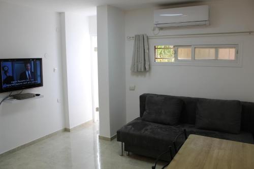 ein Wohnzimmer mit einem schwarzen Sofa und einem TV in der Unterkunft Villa Kibel Apartments in Eilat