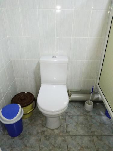 a bathroom with a white toilet and a trash can at MEDI Guest House in Osh