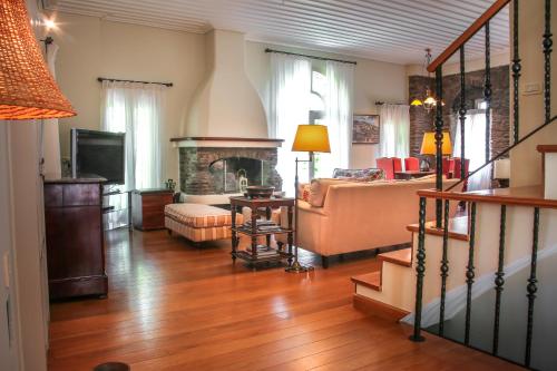 uma sala de estar com um sofá e uma lareira em Menites Springs Villa em Ménites
