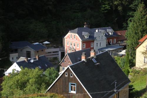 an aerial view of a town with houses at Bio-Hotel Zur Mühle in Bad Schandau