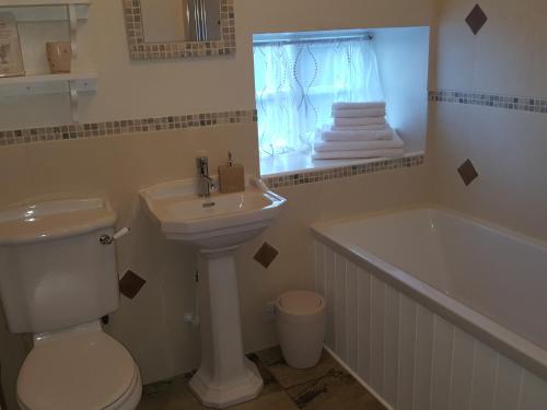 a bathroom with a toilet and a sink and a tub at Underhill Holidays - Underhill Holiday Cottage in Whitby