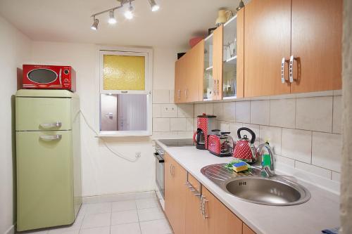a small kitchen with a sink and a refrigerator at Ferienhaus Peggy in Kurort Oybin