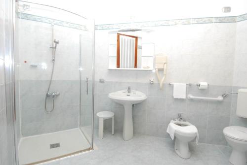 a bathroom with a shower and a sink and a toilet at Hotel Il Burchiello in Mira