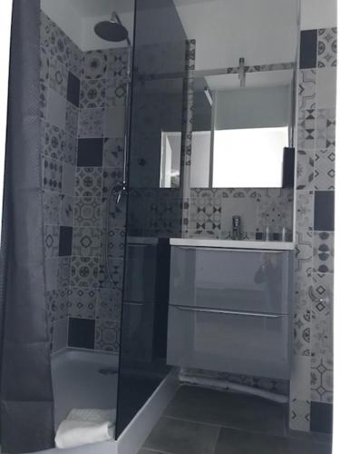 La salle de bains est pourvue d'une douche et d'un lavabo. dans l'établissement Les Jardins d'Oléron, à Saint-Pierre-dʼOléron