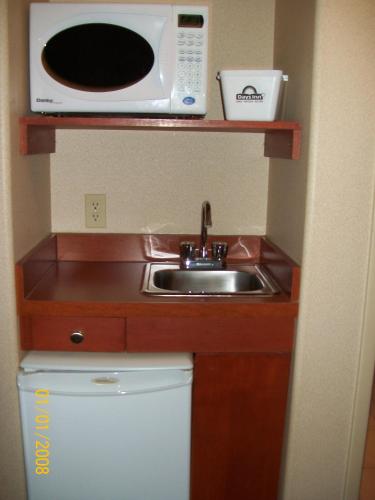 a small kitchen with a sink and a microwave at Days Inn by Wyndham Moose Jaw in Moose Jaw