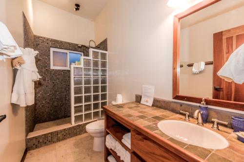 a bathroom with a sink and a toilet and a mirror at Indigo Belize 1B Condo in San Pedro