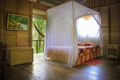 1 dormitorio con cama con dosel y ventana en Hotel Wagelia Espino Blanco en Turrialba