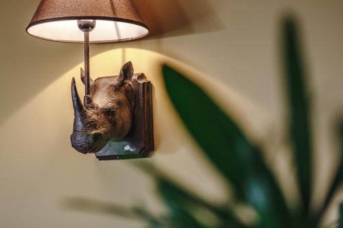 a bird head hanging from a lamp on a wall at Finca Santa Maria in Callao Salvaje