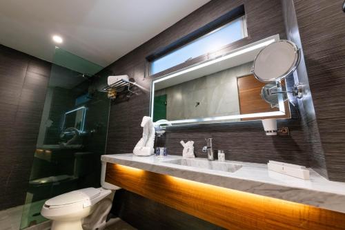 a bathroom with a sink and a mirror and a toilet at JTowers in Mexico City