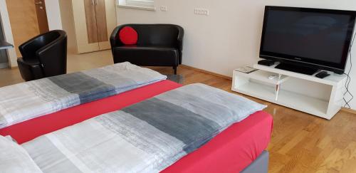 a bedroom with two beds and a flat screen tv at Vila Ema Apartments and Rooms in Ljubljana