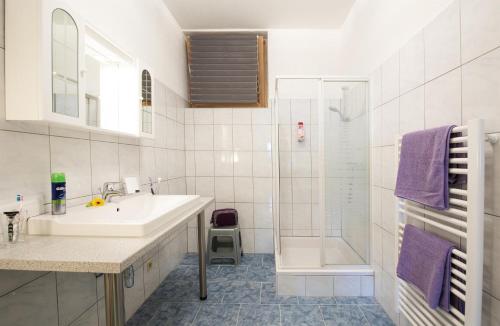 ein weißes Bad mit einem Waschbecken und einer Dusche in der Unterkunft Apart Sunnseitn in Bruck am Ziller