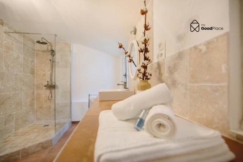 uma casa de banho com um chuveiro e um lavatório com toalhas em Le Petit Robin em Nantes