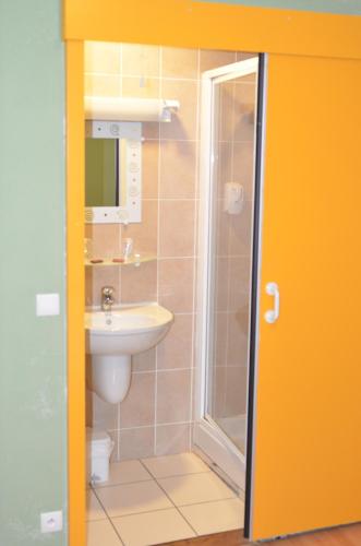 a bathroom with a shower and a sink at Hôtel Au Fil de L'Eau in Seyssel