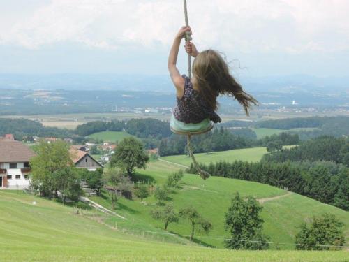 a little girl swinging on a rope swing at Landhaus Aigner in Allhartsberg
