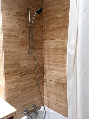 a shower in a bathroom with a wooden wall at Love Sea Apartment in Leça da Palmeira