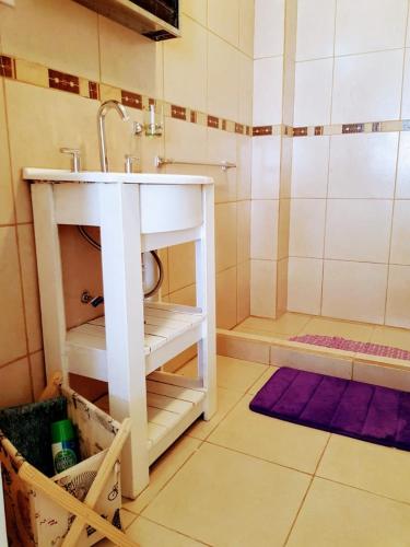 a bathroom with a white sink and a shower at Raíces Federaenses Monoambientes in Federación