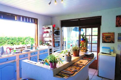 a kitchen with a counter with potted plants on it at Villa Vaiana EURL Vaiana Faratea in Paopao