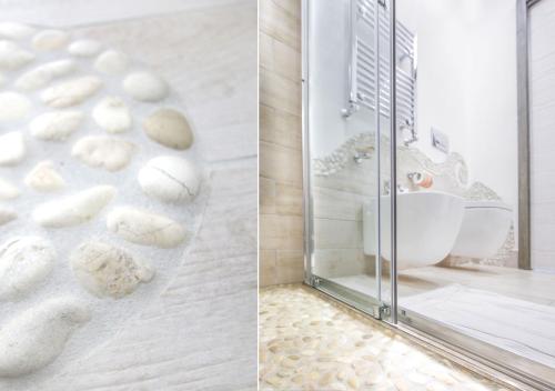 two pictures of a bathroom with rocks in the shower at Villa Caruso in Ischia