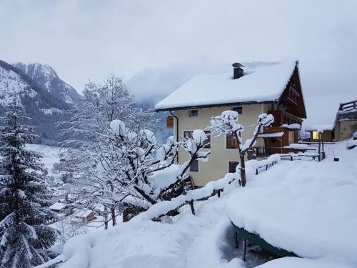 a house covered in snow next to a fence at Appartementhaus Gastein / Haus Sammie in Bad Gastein