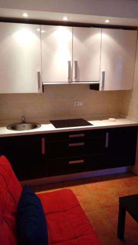 een badkamer met een wastafel en een aanrecht met een spiegel bij ZONA BAJA, Estudio y Garaje opcional in Sierra Nevada