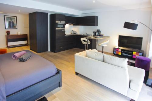 Cette chambre comprend un lit, un canapé et une cuisine. dans l'établissement Flat Moliere, à Bruxelles