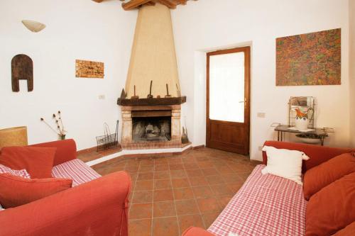 a living room with two couches and a fireplace at Podere Il Tigliolo in Castiglione dʼOrcia