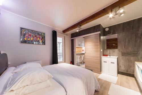 トゥールーズにあるCocoon'Inn Dauradeのベッドルーム(大きな白いベッド1台、バスルーム付)
