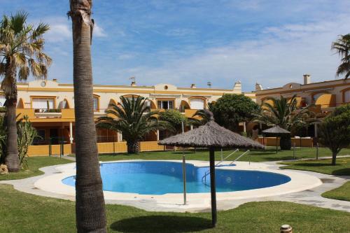 a villa with a swimming pool and a palm tree at Apartamento Maria Angeles in Tarifa