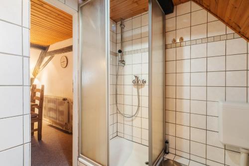 a bathroom with a shower with a glass door at Ferienhaus St. Andreasberg in Sankt Andreasberg