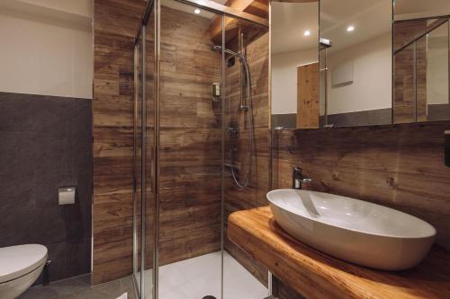 a bathroom with a sink and a glass shower at Malga Ces in San Martino di Castrozza